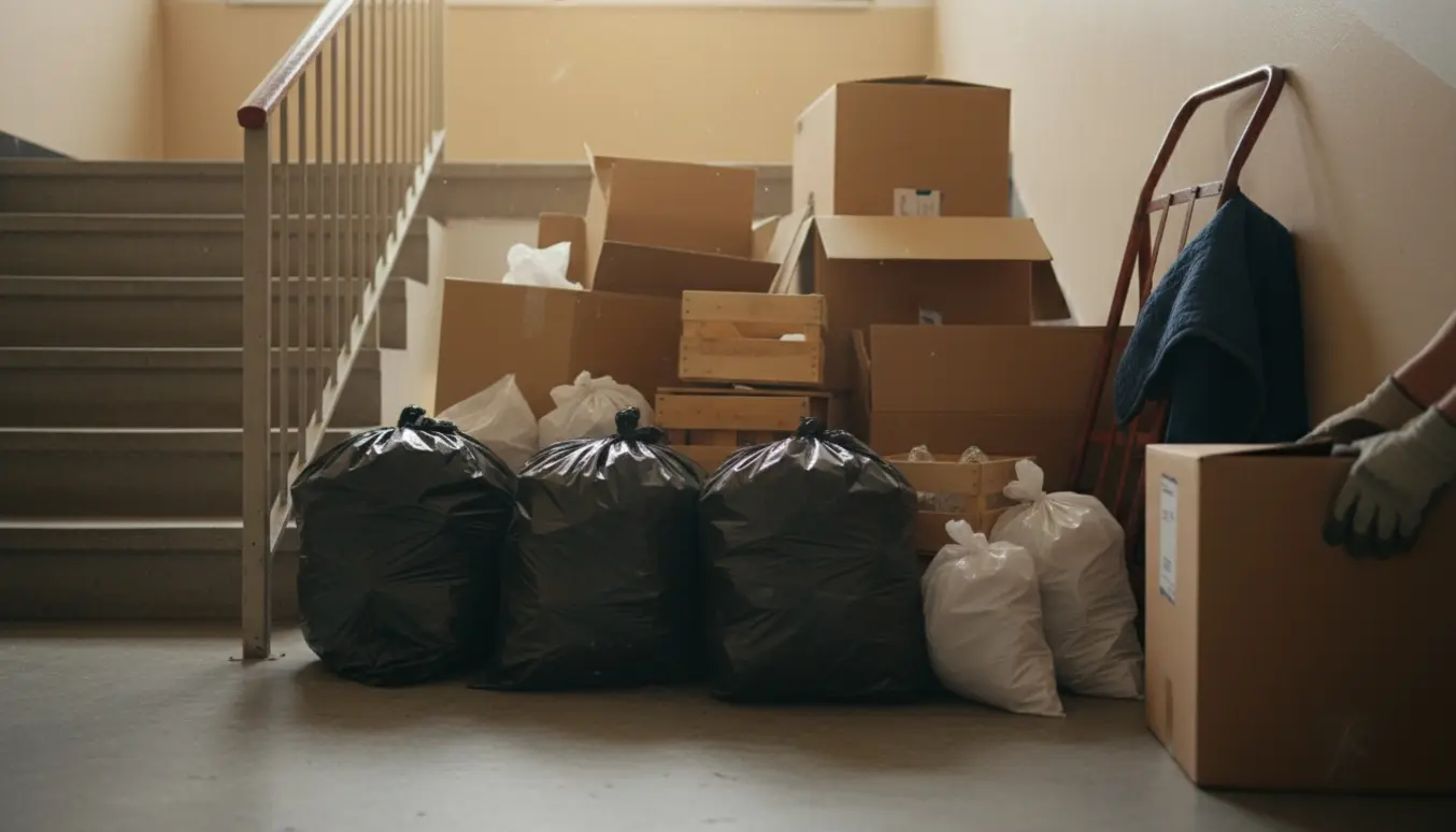 Sorte sække og papkasser på en opgangslanding ved trappen klar til bortskaffelse under flytning.