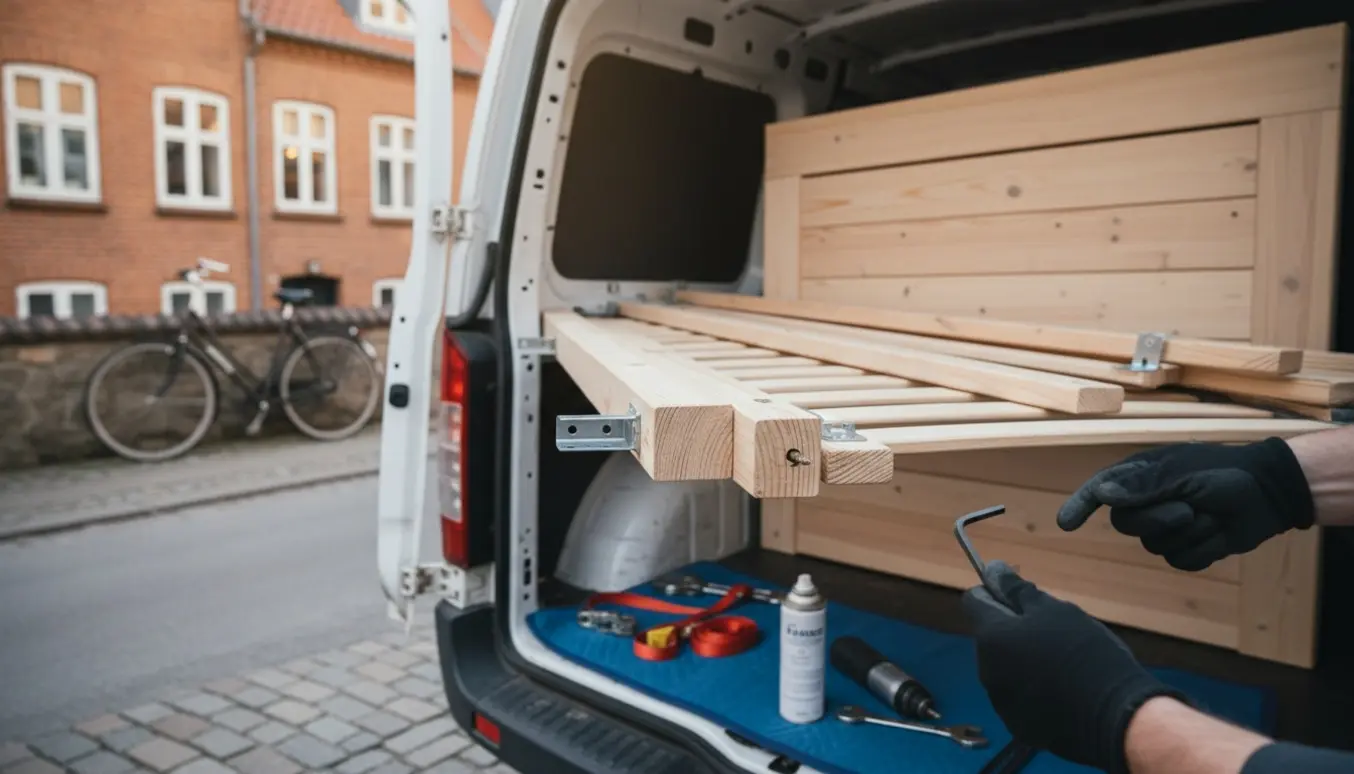 Delvist adskilt IKEA Gjöra-seng læsses i en varebil, mens hænder forsøger at løsne en fastlåst skrue.