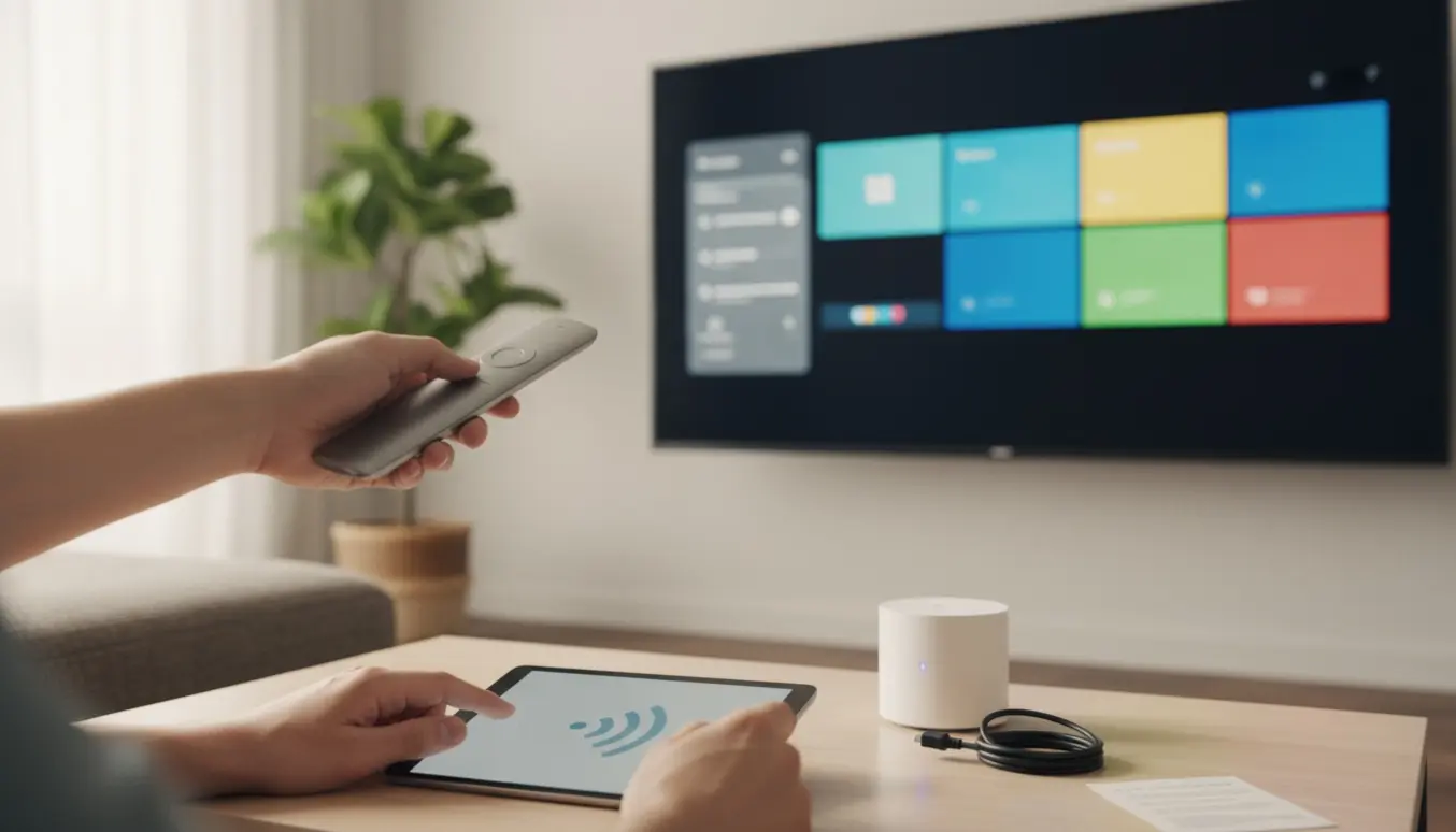 Hænder opsætter et moderne smart-tv med fjernbetjening og app-fliser i en lys stue.