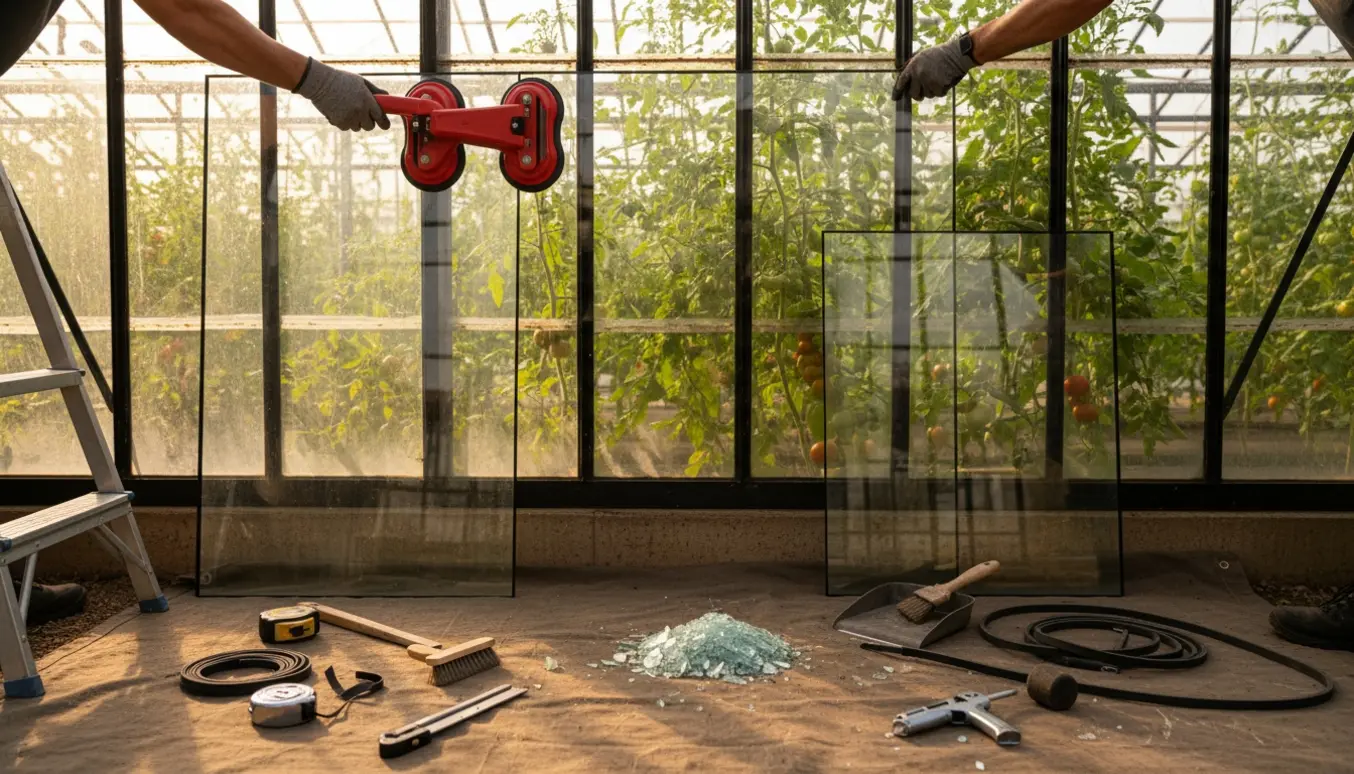 Montering af en ny glasrude i et drivhus med sugekop, værktøj og planter i baggrunden.