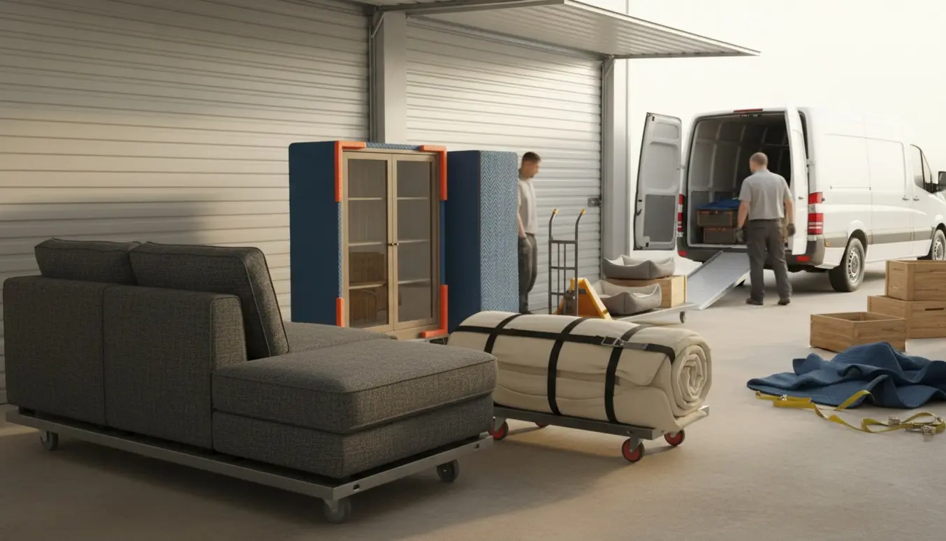 Møbler læsset i et selvlager: modulsofa, vitrineskab med glas, futon og småting klar til afhentning.