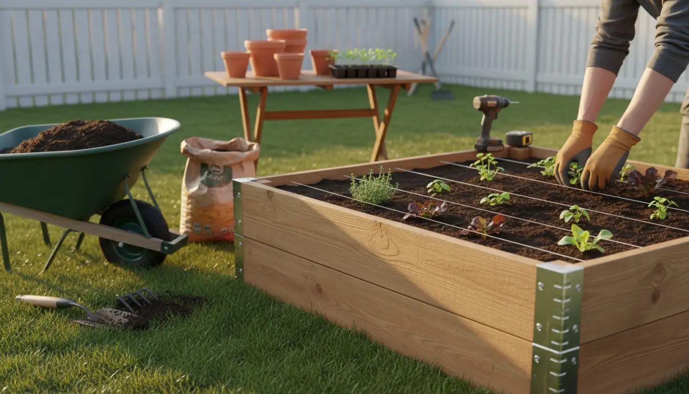 Hænder planter små planter i et nybygget højbede i en solrig baghave.