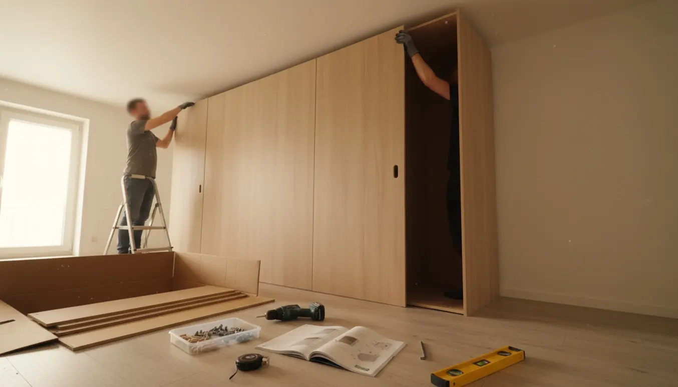 Et højt PAX-garderobeskab løftes på plads tæt under et lavt loft, med værktøj og hænder i arbejde uden synlige ansigter.