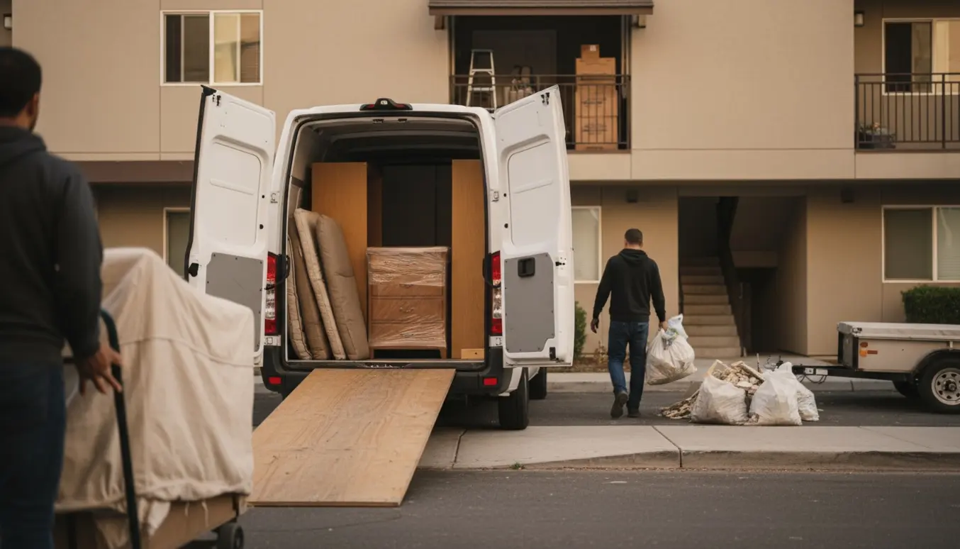 Flyttebil med åbent lastrum hvor møbler læsses, mens byggeaffald bæres ned ad en trappe.