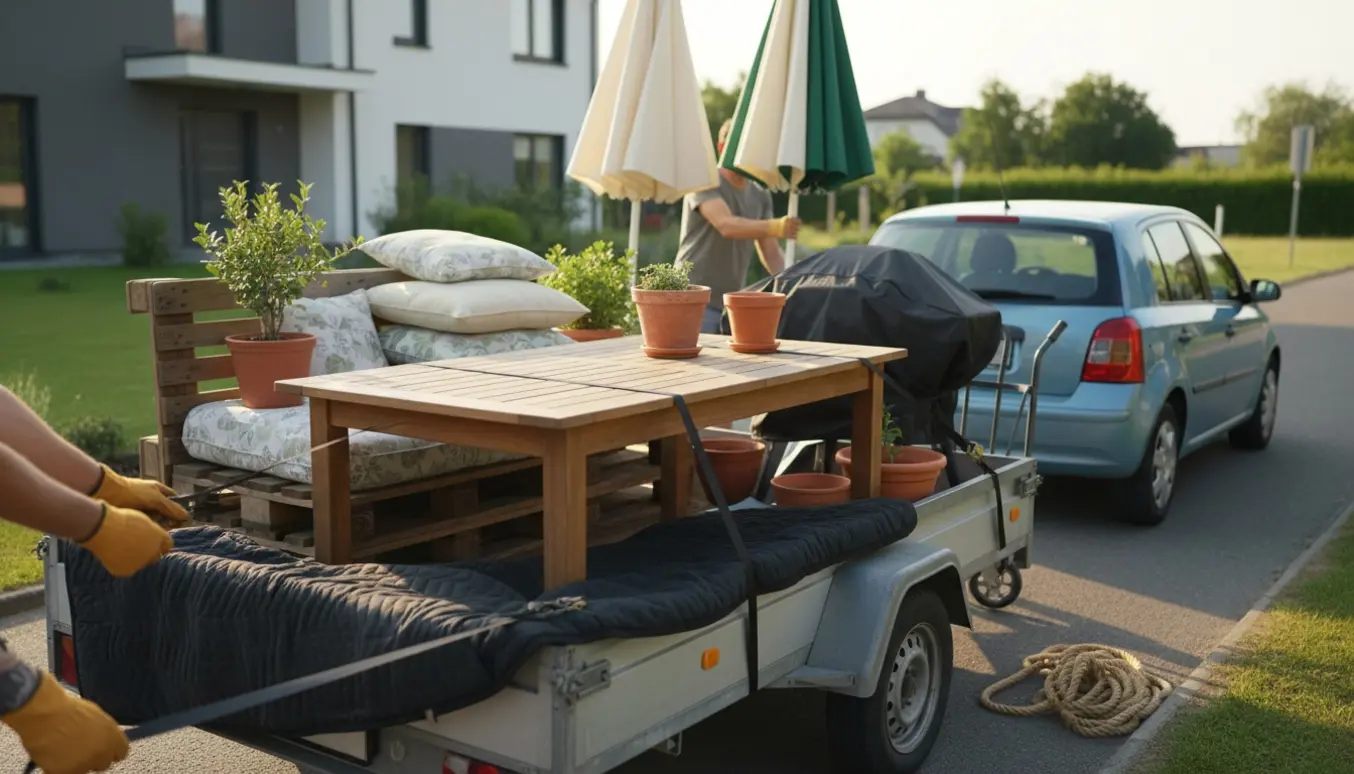 Trailer lastet med havemøbler, grill og parasoller foran et nyt hus i varmt aftenslys.