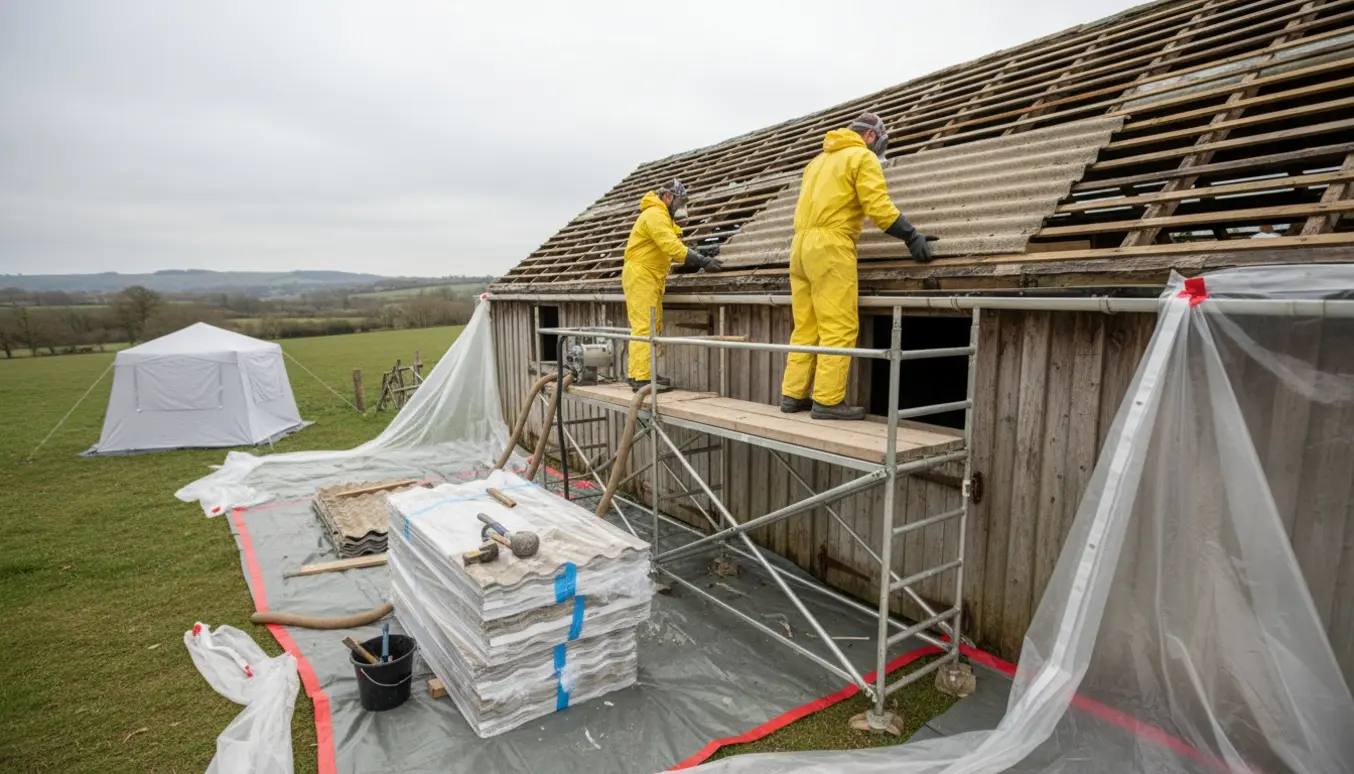 Arbejdere i beskyttelsesdragter fjerner asbesttag på en lade, mens pladerne pakkes ind i plast.