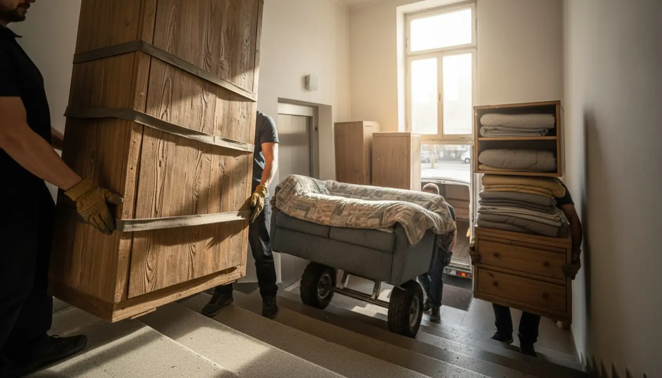 Flyttefolk bærer et klædeskab, en kommode og en lille sofa ned ad en trappe mod en åben varevogn.