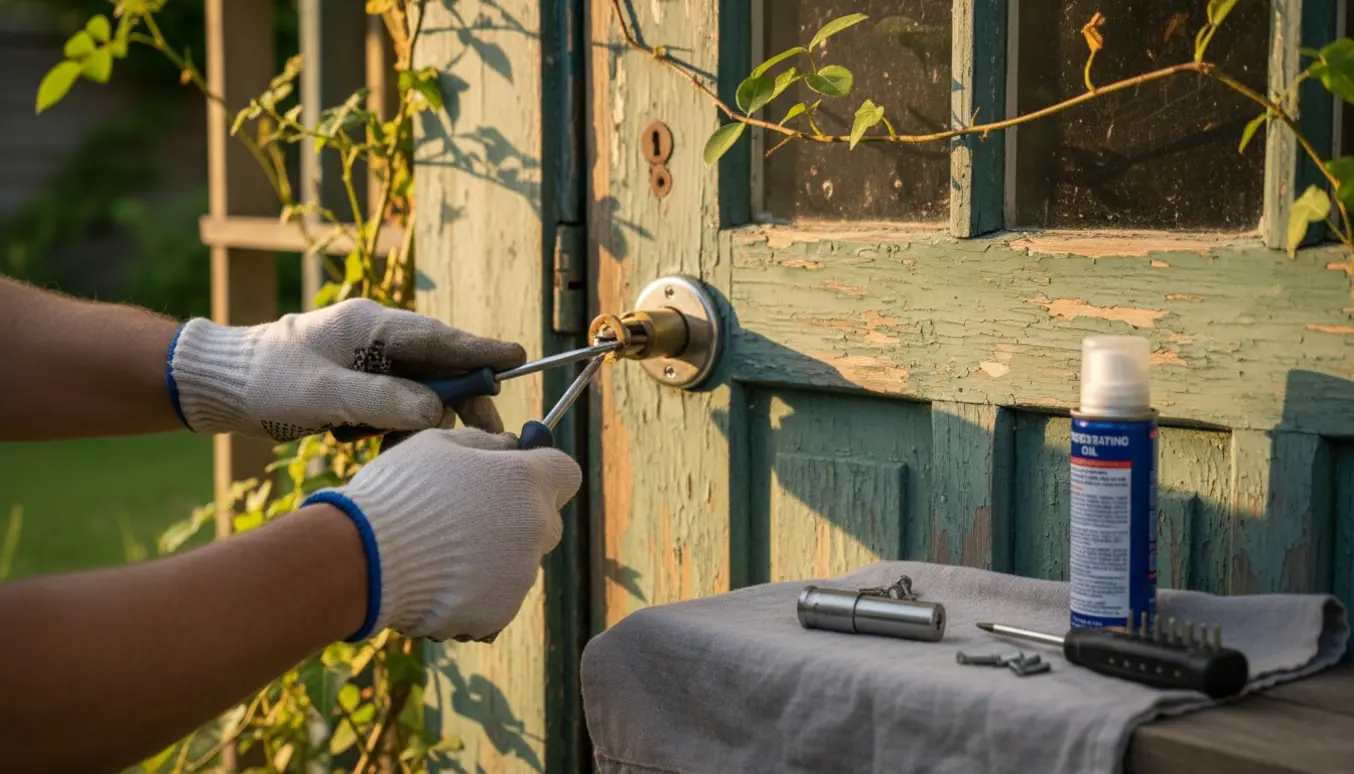 Hænder reparerer en fastkørt rund Ruko-lås på en kolonihave-dør med værktøj i blødt sollys.