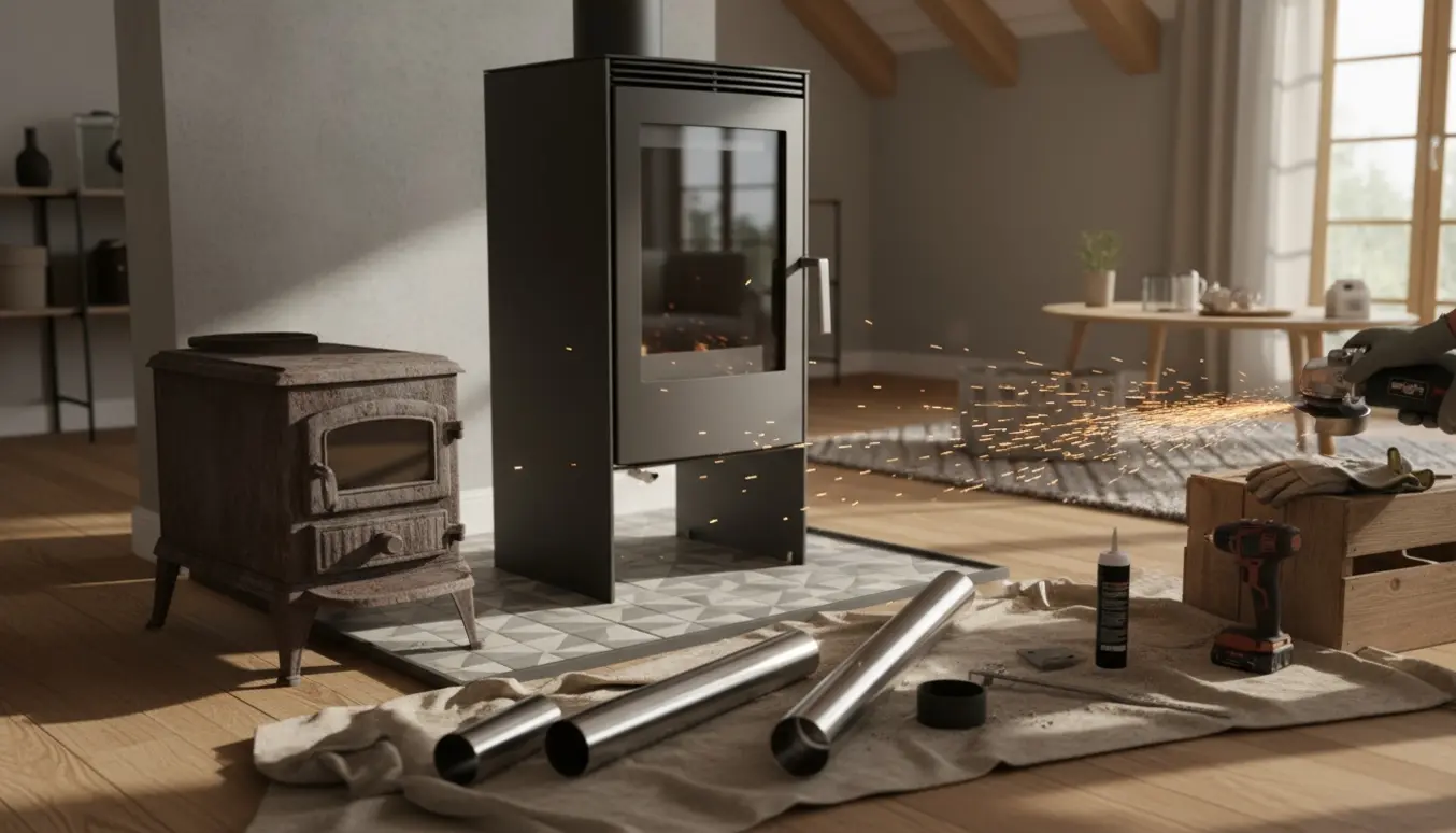 Udskiftning af en kort brændeovn til en højere model med stålskorsten og værktøj ved ildstedet.