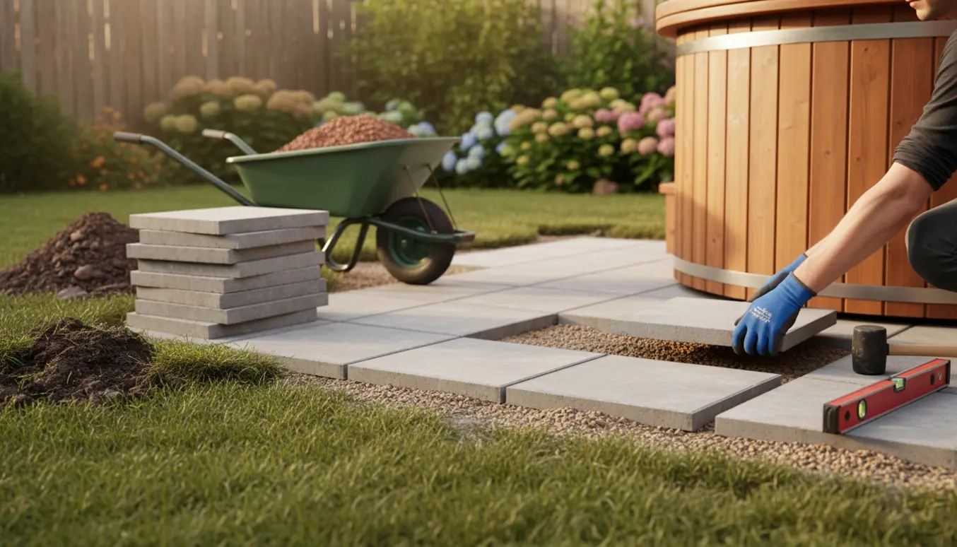 Nærbillede af hænder, der lægger 50×50 cm betonfliser ved et vildmarksbad på en plæne.