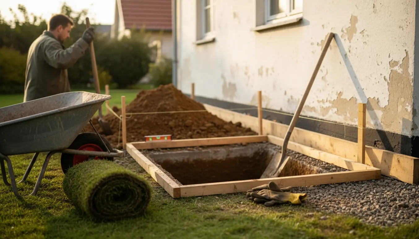 Et 1x1 m hul gravet langs husets fundament med skovl, trillebør og jord samlet ved siden af.
