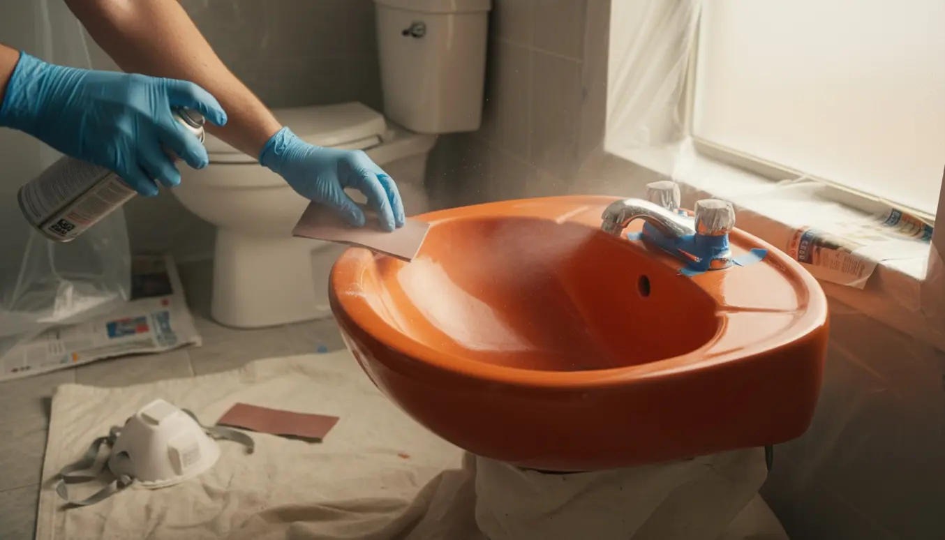 En lille orange håndvask forberedes og spraymales hvid med sandpapir, afdækning og handsker.