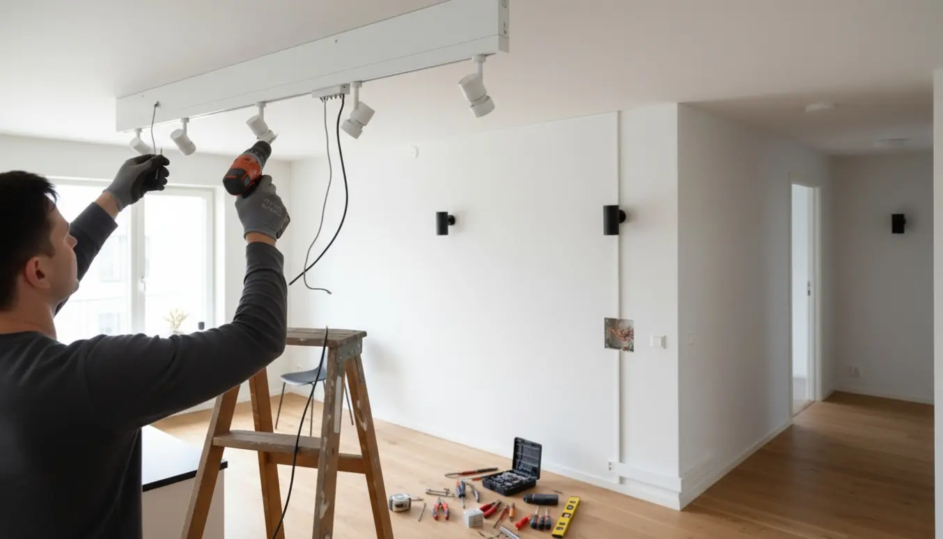 Håndværker monterer en hvid spotskinne i køkkenloftet og to sorte væglamper i entré med synlige kabelskinner og værktøj.