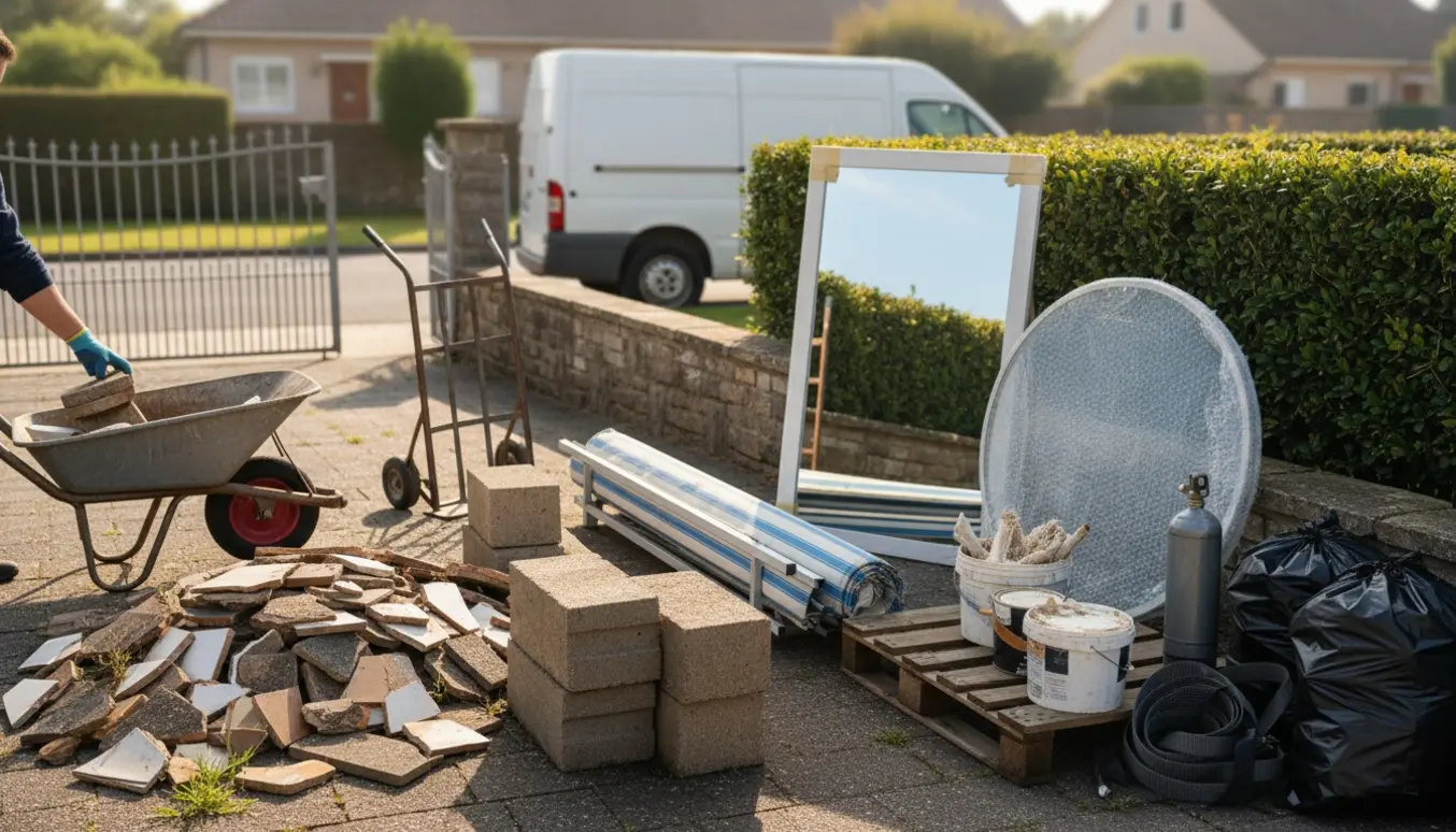 Forhave med bunker af gamle sten, fliser, en sammenrullet markise, spejl og glasbordplade klar til afhentning.