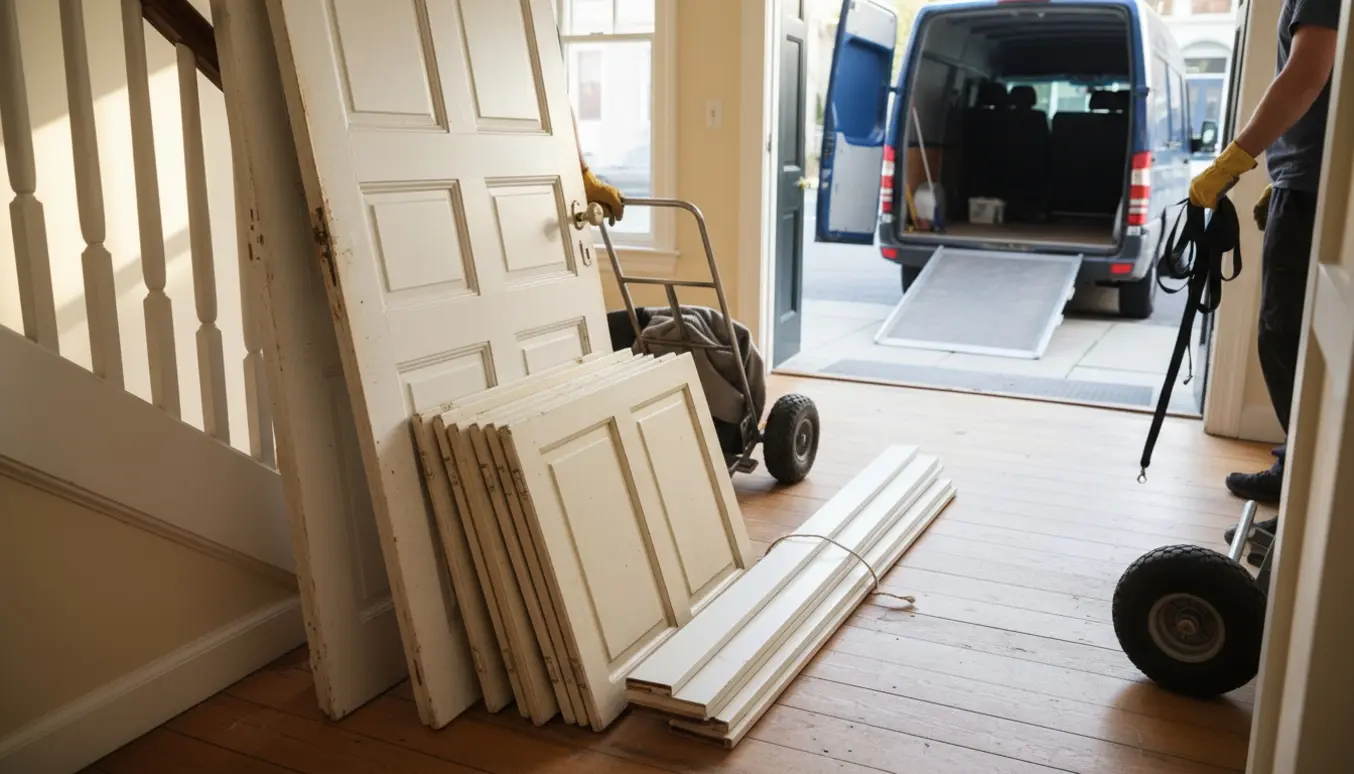 To døre, otte køkkenlåger og bundtede fodpaneler bæres fra en 2. sal mod en varevogn.