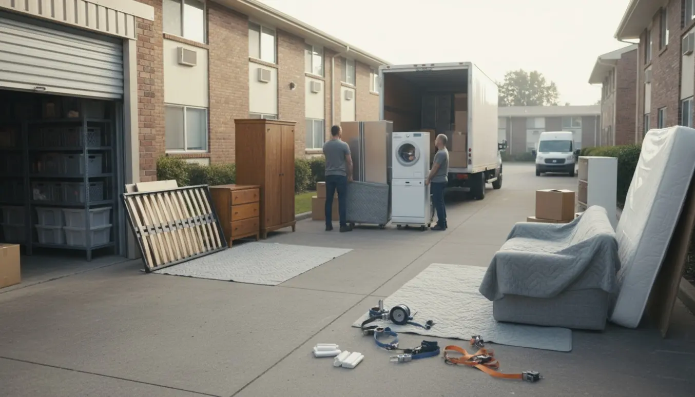 Flyttefolk læsser køleskab, vaskemaskine, møbler og en stor madras ind i en flyttebil foran en lejlighedsbygning med elevator.