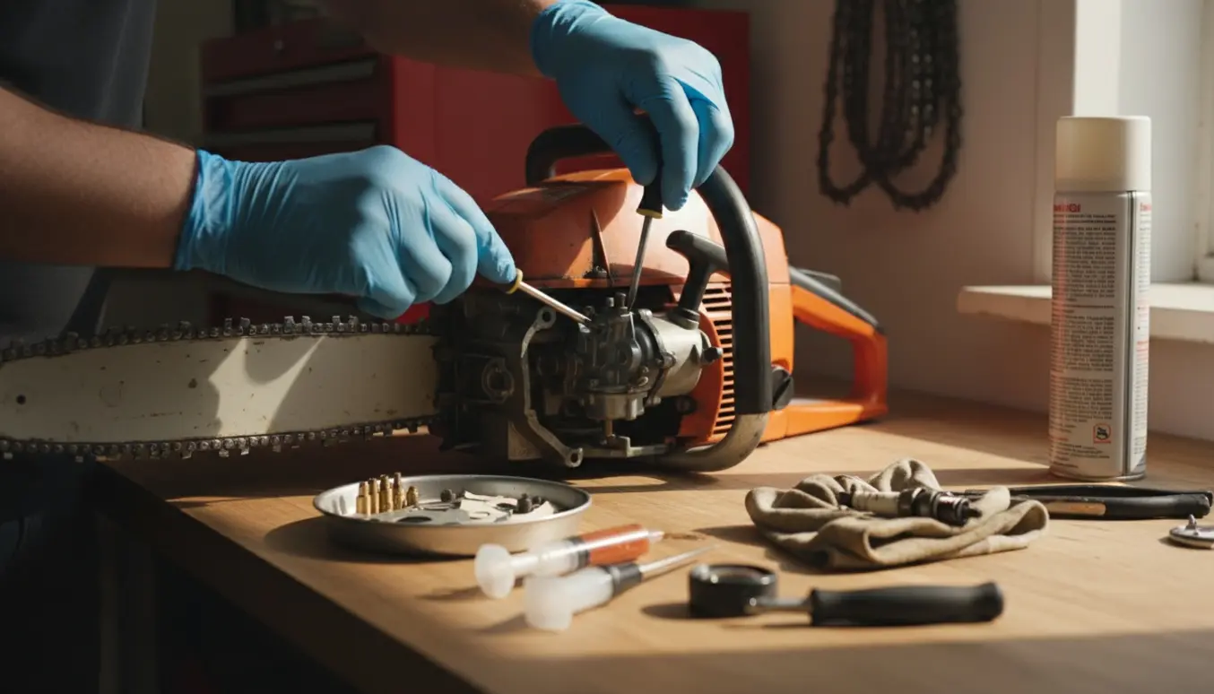 Åben McCulloch-motorsav på arbejdsbord med karburator og værktøj til reparation.