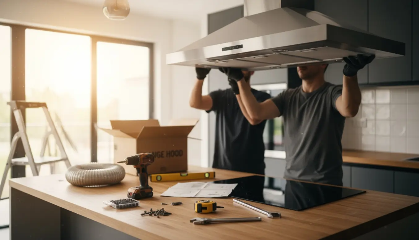 Montage af en frithængende rustfri emhætte over et køkkenø med værktøj og håndværkeres hænder synlige.