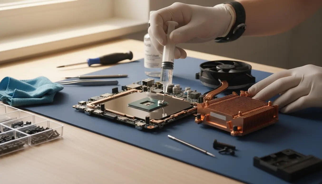 Nærbillede af handskerede hænder, der påfører kølepasta på en åben PS4 Pro-chip på et ryddeligt arbejdsbord.