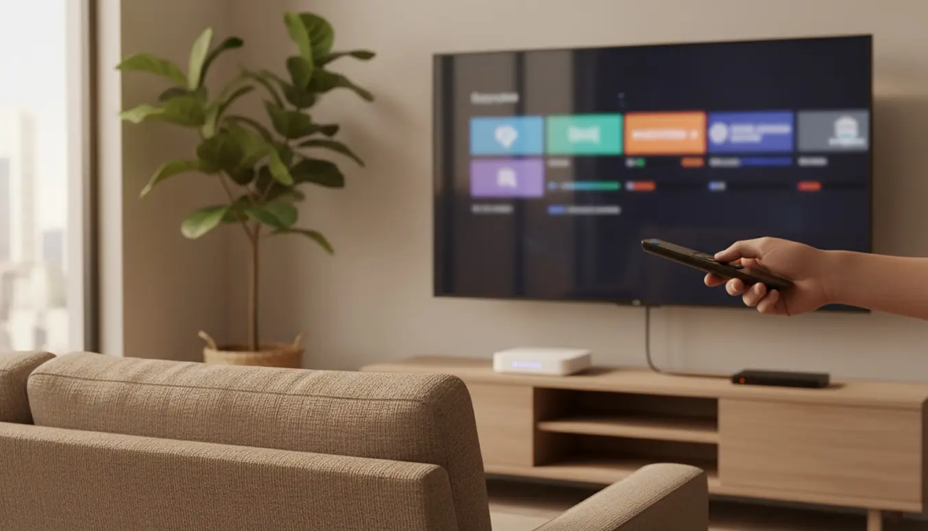 Hænder holder fjernbetjening rettet mod et fladt tv med et sløret kanalmenu og et kabelmodem på mediebordet.