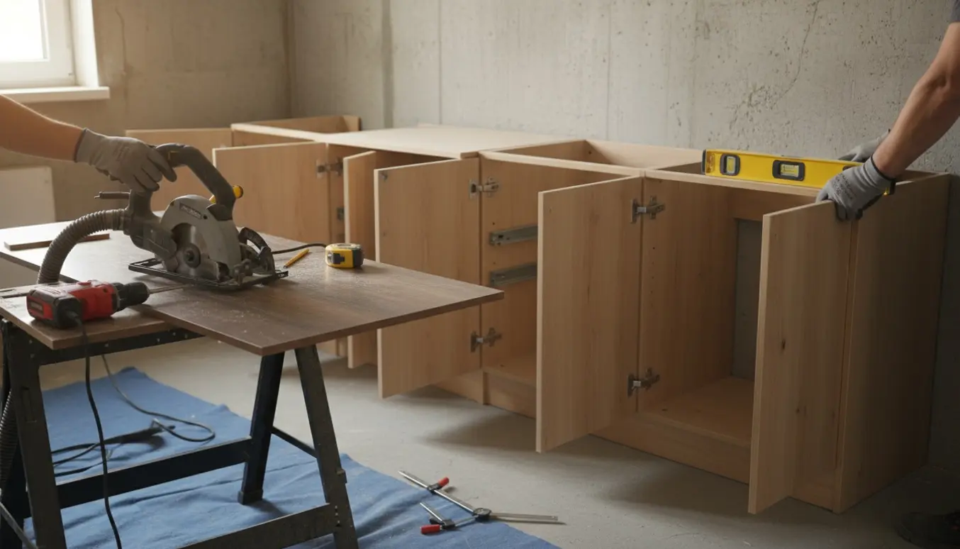 Underskabe monteres i et kompakt stueetagekøkken, mens bordpladen tilpasses på en arbejdsbænk.