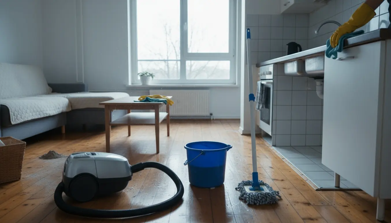 Dybt rengjort 59 m² lejlighed med støvsuger, moppe og rengøringsklude ved et vindue i november.