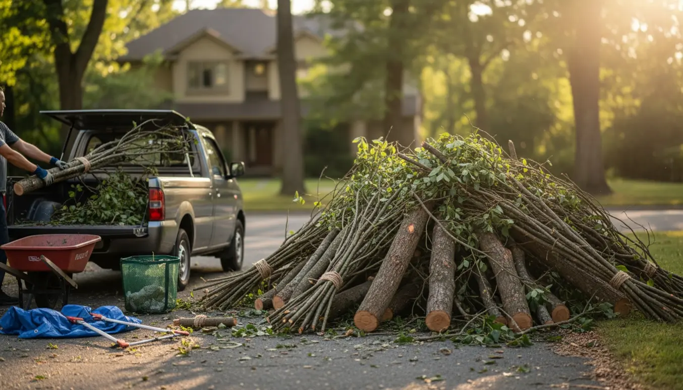 Stor bunke nyafskårne grene stablet ved indkørsel klar til afhentning med handsker og værktøj i forgrunden.