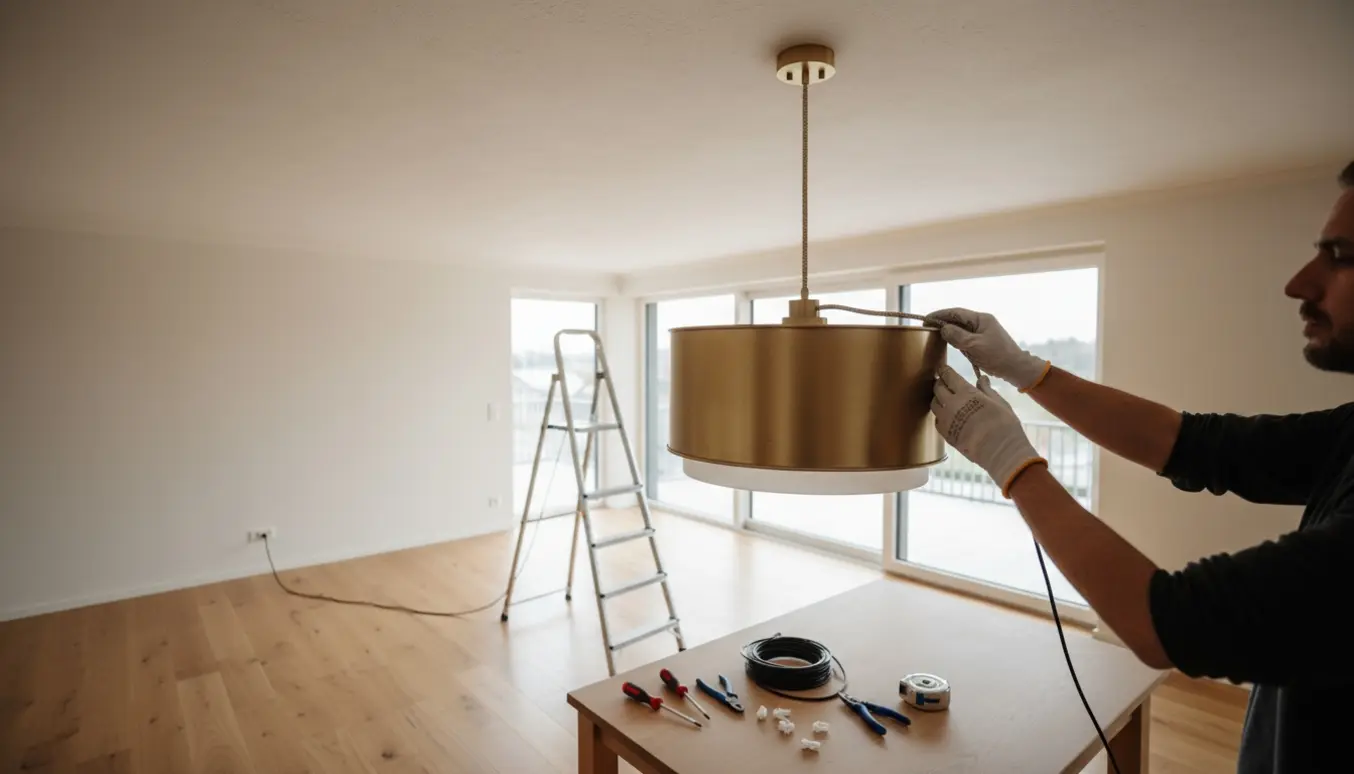 Loftlampe hænges op i en stue, hænder justerer kablet mens et stikkontakt ses i baggrunden.