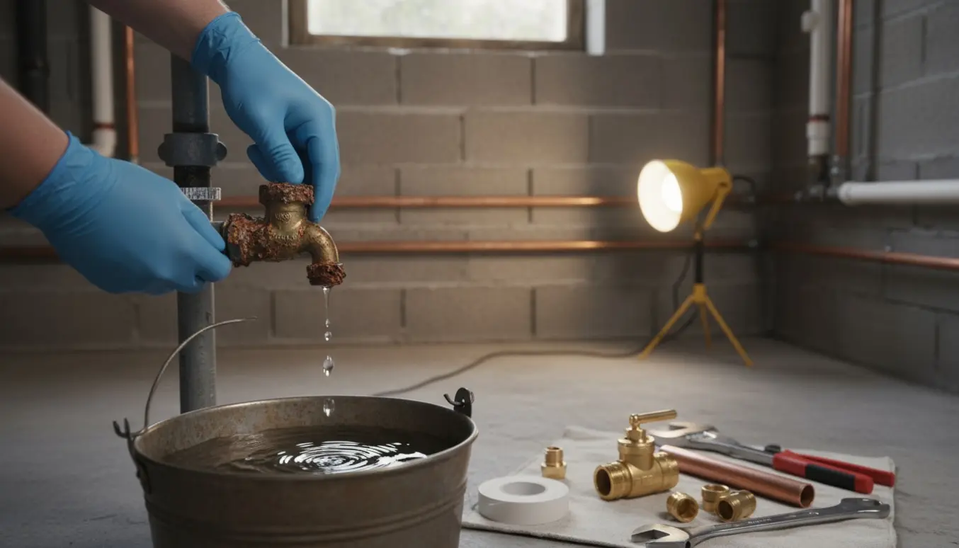 Nærbillede af hænder, der skifter en rusten stophane i kælderen med værktøj og en spand til at fange dryp.