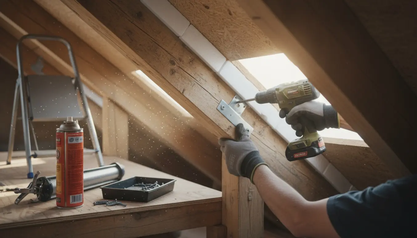 Tømrer fastgør beslag på spærrer og indsætter skumklodser i tagryggen på et loft.