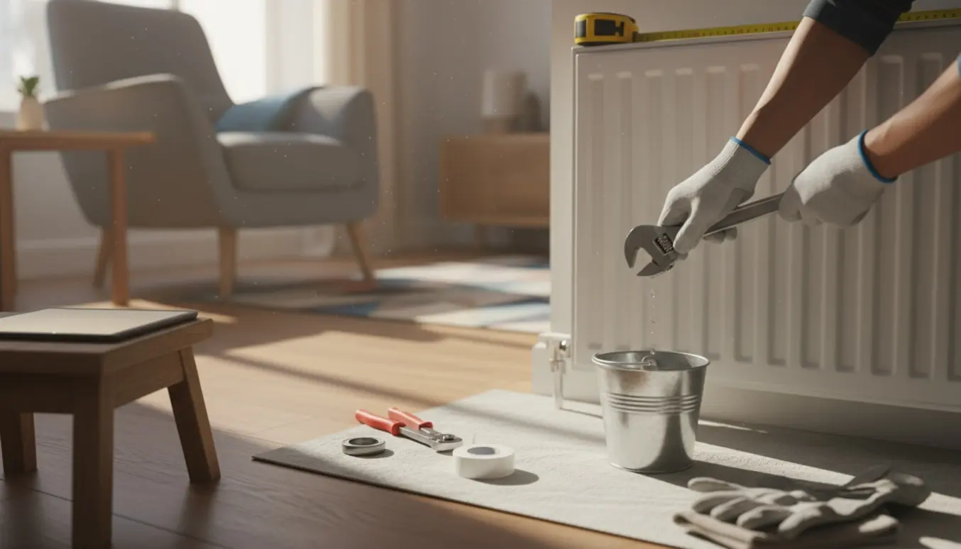 Nærbillede af en radiator klar til afmontering med værktøj og handsker i en lys stue.