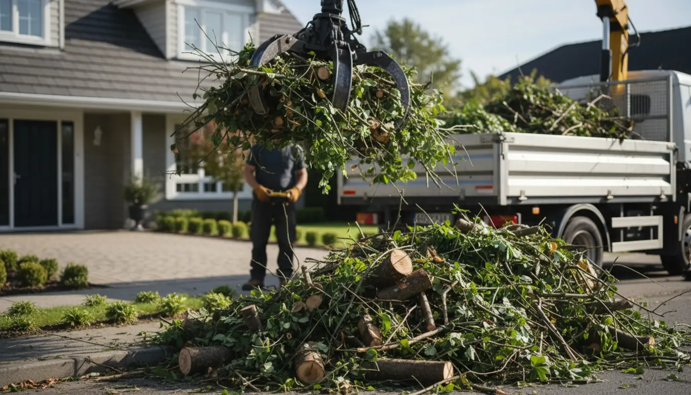 En trailer læsses med en stor bunke haveaffald fra forhaven med grene, stubbe og buske.