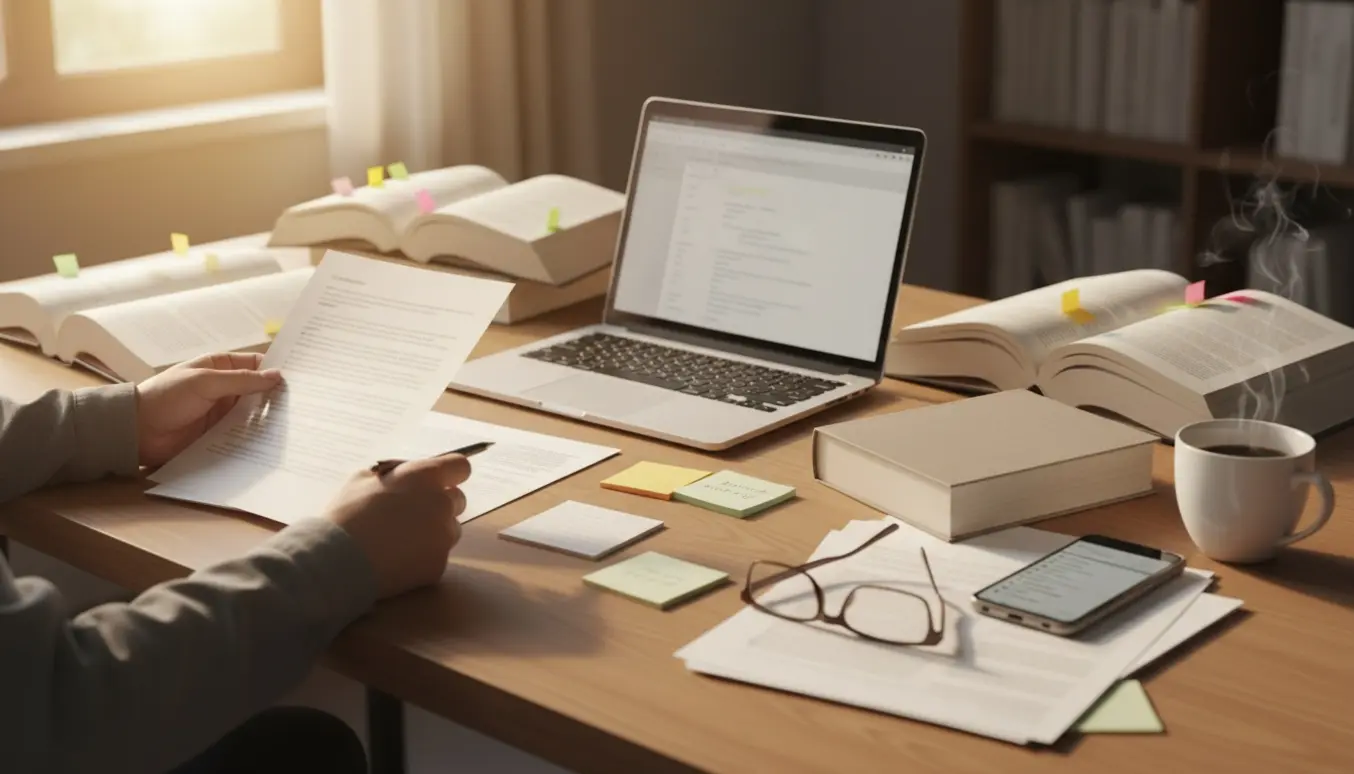 Et studiebord med bærbar, åbne bøger og indekskort til kilde- og kildehenvisningsarbejde.