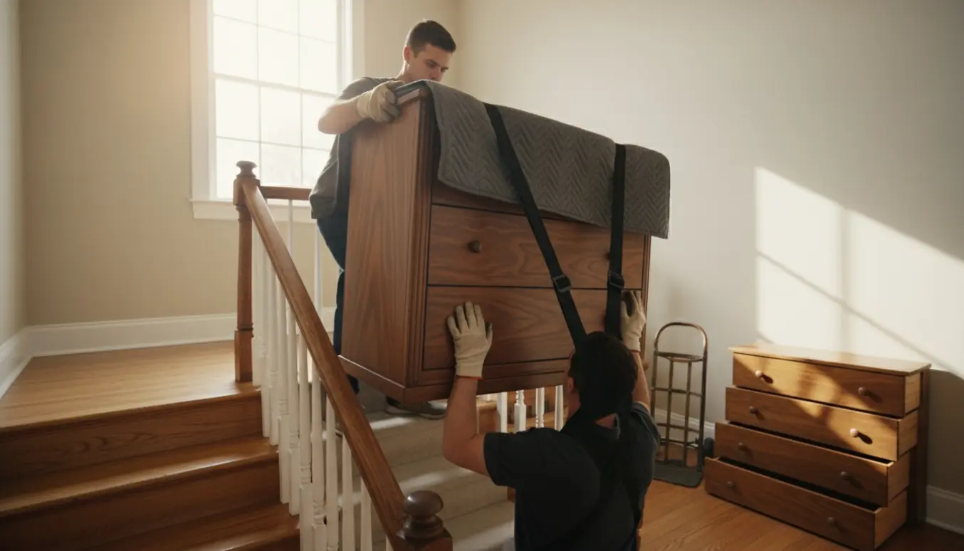 To personer bærer en trækommode op ad en indendørs trappe med bæreremme og flyttetæpper.