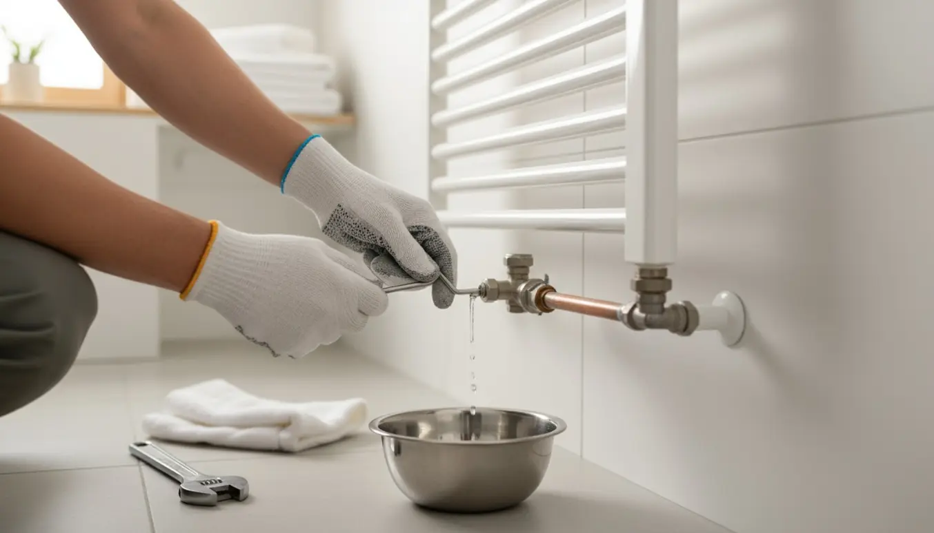 Hænder aflufter en håndklædetørrer monteret på hovedet, mens vand drypper i en skål.