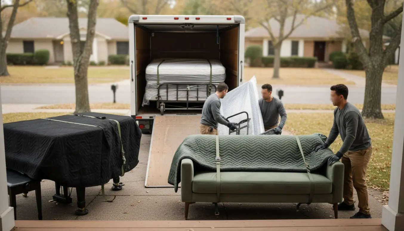 Flyttefolk læsser en stor sofa, en king-size seng og et indpakket el-flygel på en varevogn ved en stille villavej.