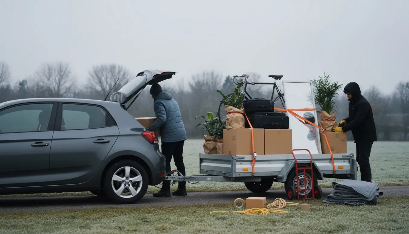 Bil med lille trailer fyldt med kasser, kufferter, cykel, indpakket spejl og stueplanter foran en midlertidig bolig på en kold decembersmorgen.