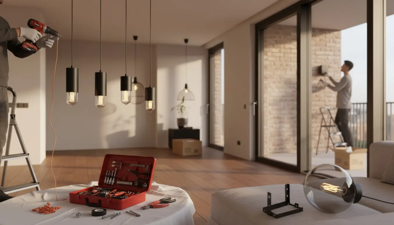 Hænder monterer indendørs lamper i en moderne lejlighed, mens en lampe sættes op på terrassen.