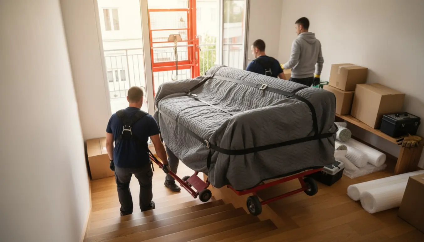 Flyttefolk bærer en indpakket sofa op ad en trappe mod fjerde sal med flyttevogn og kasser i et lyst opgangsmiljø.