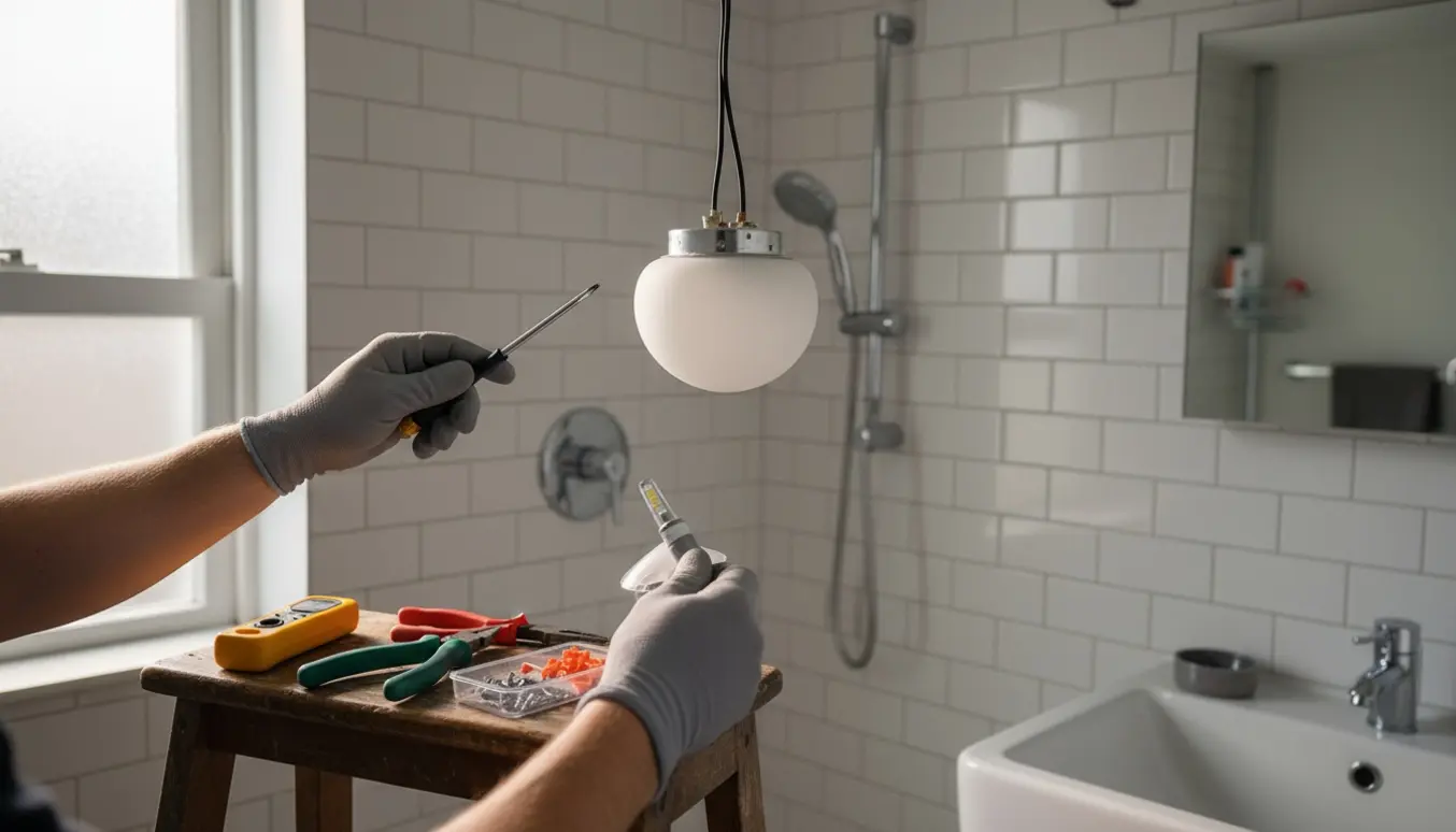 Hænder på en skammel reparerer en lille loftlampe i et lyst badeværelse, lampen hænger i ledning.