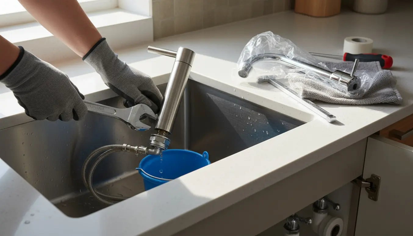 Nærbillede af afmontering af en gammel køkkenarmatur og forberedelse til montering af en ny udtræksvandhane ved vask.