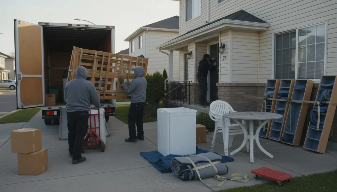 To flyttefolk bærer en elevationsseng ud til en åben flyttevogn med vaskemaskine, kølefryser, fire indpakkede reoler og et havebord med stole ved siden af.