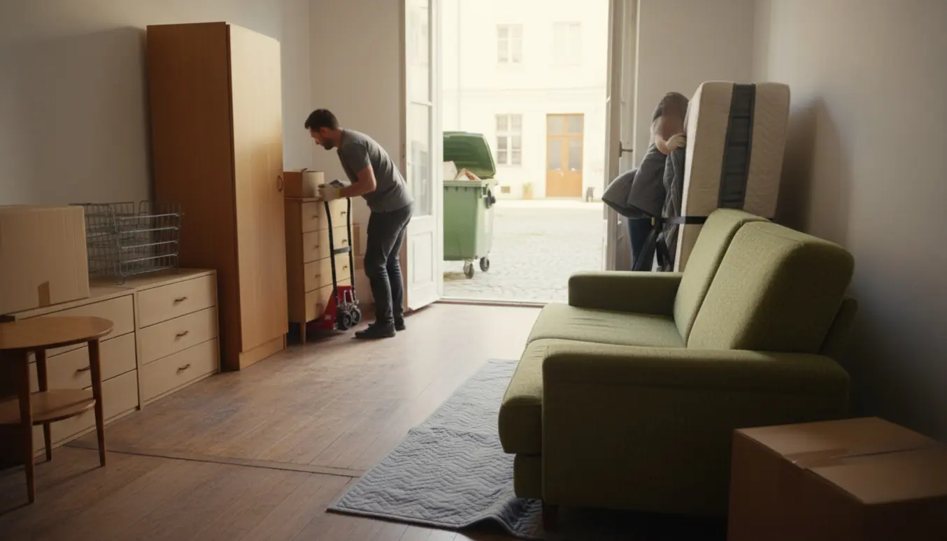 Gamle møbler bæres ud af en lille lejlighed mod en stor skraldecontainer i gården.