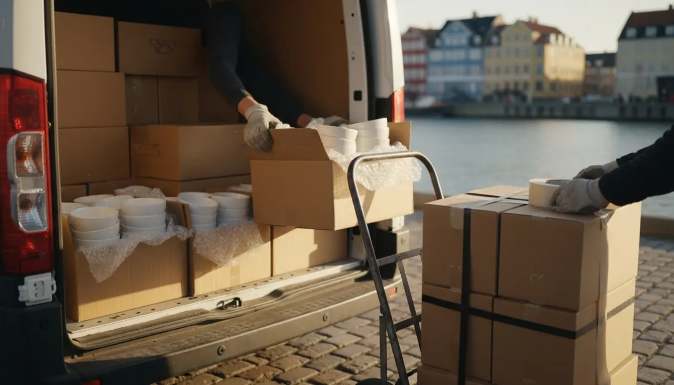 Åben varebil ved havnekaj med kasser og små skåle pakket klar til levering til København.