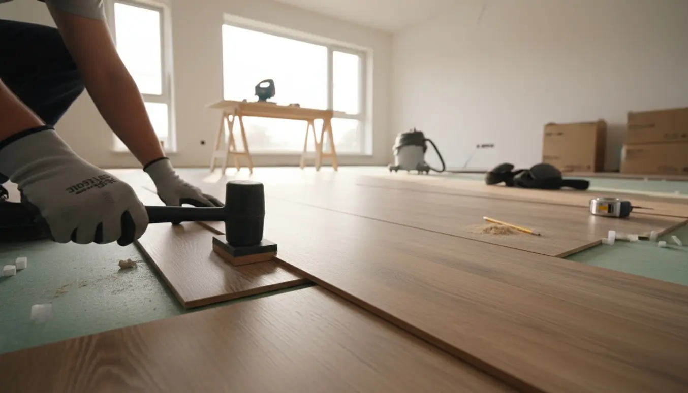 Nærbillede af klikgulv under lægning i et solfyldt, tomt rum med planker, underlag og værktøj.