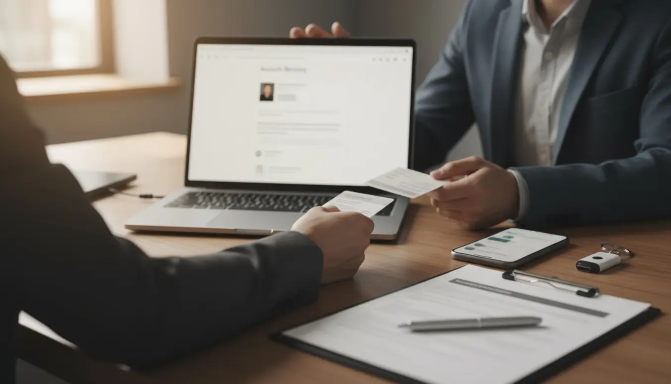 En tekniker hjælper ved skrivebordet med konto-gendannelse, mens hænder afleverer ID og en bærbar viser en sløret gendannelsesskærm.