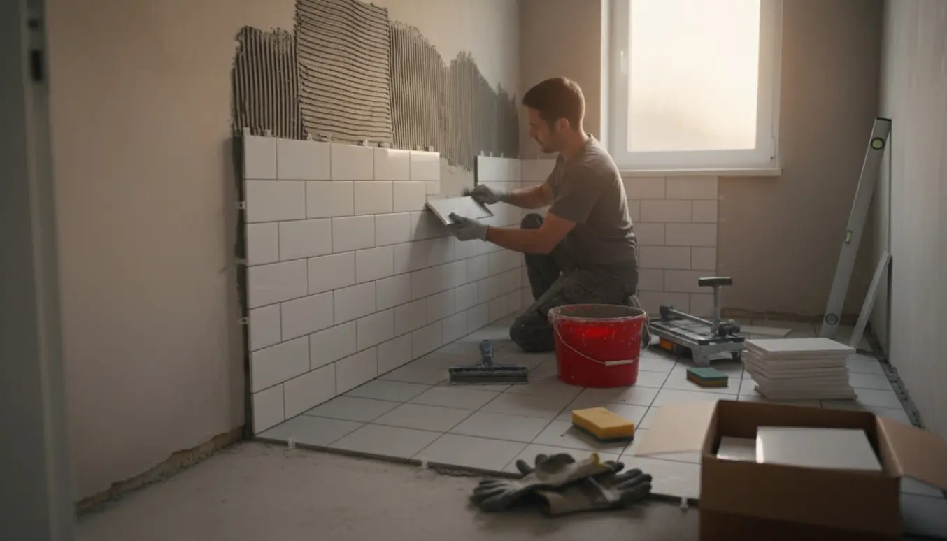 En murer lægger fliser på gulv og en væg i et lille toilet med værktøj og materialer klar.