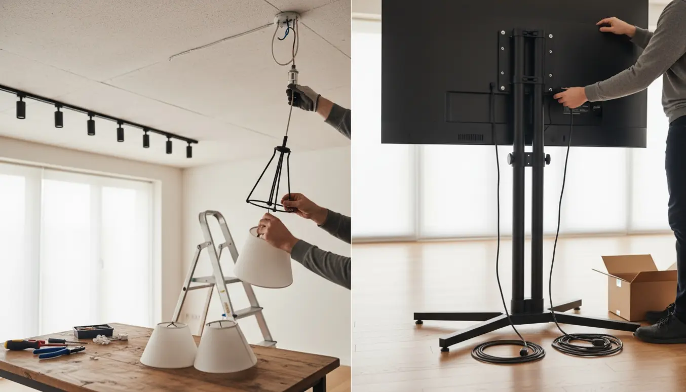 Hænder monterer flere loftlamper og fastgør et 55" TV på en gulvstander i en lys, højloftet stue.