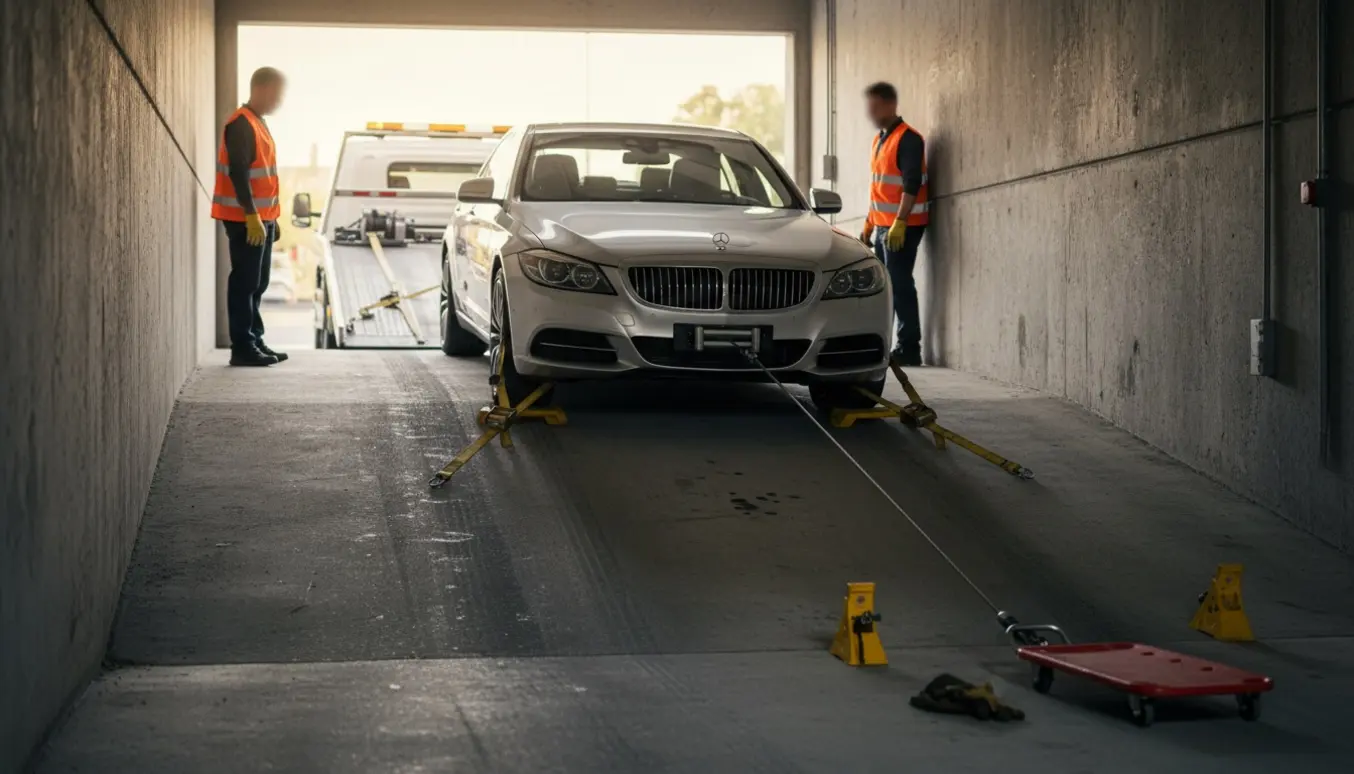 En sølv luksussedan rulles op ad rampe fra en parkeringskælder og læsses på en fladbed lastbil.