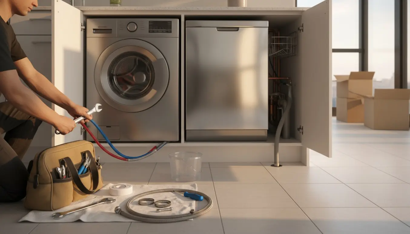 Hænder forbinder vand- og afløbsslanger til en vaskemaskine og opvaskemaskine i et nyt køkken med værktøj og flyttekasser.